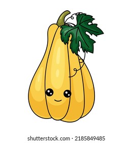 Isolated vector cartoon orange pumpkin with kawaii face on white background. Colorful friendly pumpkin vegetable. Cute funny personage. Flat design. For children product