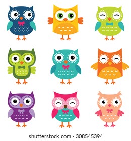 Isolated vector cartoon owls collection