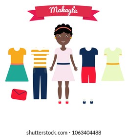 Isolated vector cartoon style african american girl with different clothes and name 'Makayla' Great for nursery gifts, cards, scrapbooking, kids games.