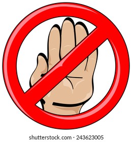 Isolated vector cartoon style hand held up in stop gesture inside red banned logo