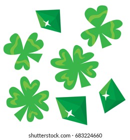 Isolated vector cartoon style set of green clover and shining Ireland gems