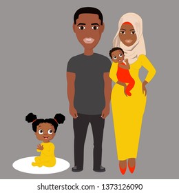 Isolated vector cartoon young couple family with kids