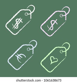 Isolated vector chalkboard hand drawn price tags set on a green background