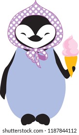 Isolated vector character penguin in lilac cap in polka dots with ice cream on white background.