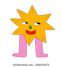 isolated vector character-carnival 
 star with face.Christmas Dude 1970 psychedelic.Hippie and groovy new year.star with eyes and legs.Funky party. sublimation printing.naive trippy 