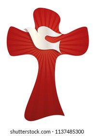 Isolated vector Christian cross with light rays and white dove on red background