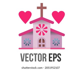 The isolated vector Christian wedding pink church  icon with cross and red heart on the building