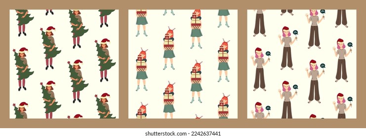 Isolated vector Christmas character. Colored seamless pattern. Merry Christmas and Happy New Year