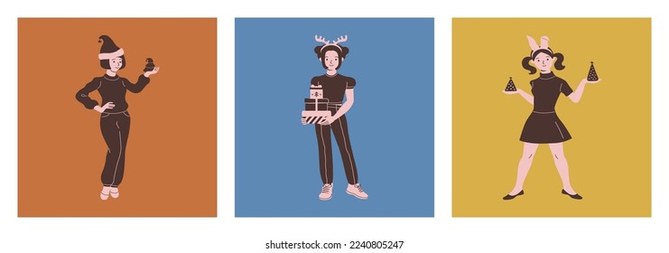 Isolated vector Christmas character. Set of three young women. Merry Christmas and Happy New Year