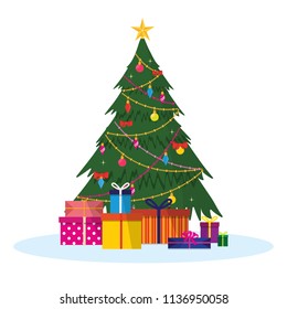 Isolated vector Christmas illustration. Decorated Christmas tree with gifts, present on white background. Use for card,  flyer,  posters. Happy New Year and Merry Christmas greeting
