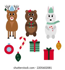 Isolated vector Christmas set, bear, deer, bunny, rabbit, gift, christmas candy, christmas ball 