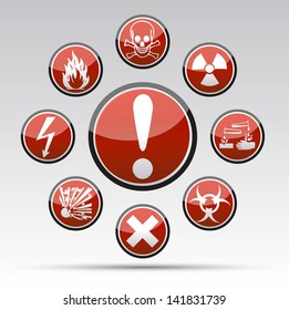 Isolated vector Circle Danger sign collection with black border, reflection and shadow on light background