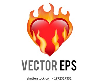 The isolated vector classic love red glossy heart on fire icon, used for desire, lust, sense of burning a past love and moving on