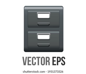 The isolated vector classic office dark grey metal filling file cabinet icon with two drawers, handles, and label holders, used to organize and store file folder