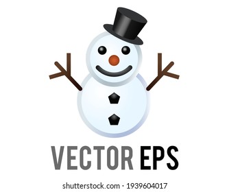 The isolated vector classic snowman made from two large snowballs icon with snowflakes, stick arms, dressed with top hat, carrot nose, coal eyes and three buttons on its torso