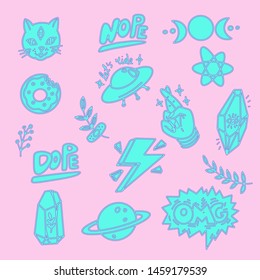 Isolated vector clip art doodle patches stickers or pins n 80's 90's style. Cool mint green illustrations for UFO, moon, planet, crystals, three-eyed cat, doughnut.