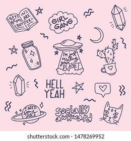 Isolated vector clip art doodle patches stickers or pins n 80's 90's style. Cool line art illustrations crystals, boys in books are better, hell yeah, weird cat, need some space, UFO, cactus, magic. 