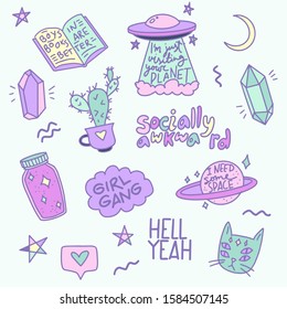 Isolated vector clip art doodle patches stickers or pins n 80's 90's style. Cool line art illustrations crystals, boys in books are better, hell yeah, weird cat, need some space, UFO, cactus, magic. 