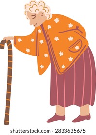 Isolated vector clip art illustration of a human character. An elderly woman with a cane and a sore back. Old age. Active life in old age. Nursing home. Tourism for the elderly.