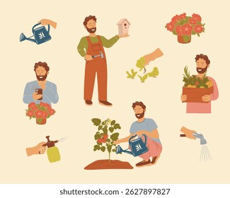 Conjunto isolado de clipart vetorial mostrando homens jovens envolvidos em várias atividades de jardinagem, como rega, plantio, ferramentas de retenção e colheita. Moderno, estilo de ilustração plana em tons terra.
