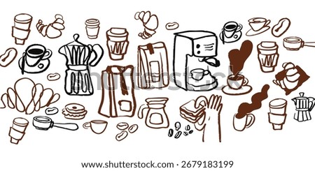Isolated vector coffee doodle set. Hand drawn cute coffee, food and desserts. Sketch, Breakfast doodle set elements. Menu. Cafe. Black pencil, chalk illustration. Turk, coffee maker. 
