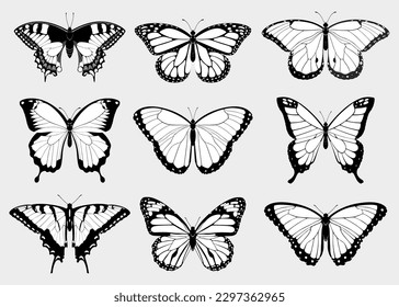 Colección vectorial aislada de siluetas de mariposa en blanco y negro de la vista superior
