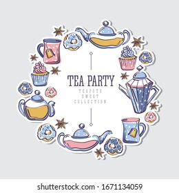Isolated vector color sketch of round sticker with wreath made of donuts, badyan, cupcakes, 
teapots and mugs