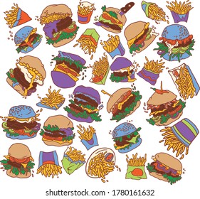 Einzeln, Vektorfarben, handgezeichnet von Burgern und Pommes frites.