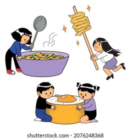 Einzige Vektorgrafik von Leuten mit verschiedenen koreanischen Straßenessen im süßen Cartoon-Stil.