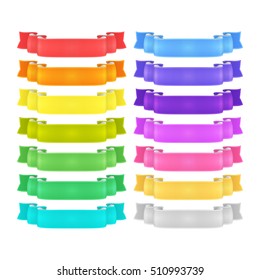 isolated vector colored satin ribbons set - red, orange, yellow, green, blue, purple, violet, silver and golden