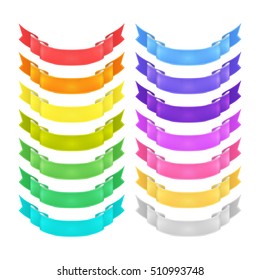 isolated vector colored satin ribbons set - red, orange, yellow, green, blue, purple, violet, silver and golden