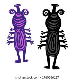 Isolated vector colorful and black and white design illustration set of detailed silhouettes of aliens. The design is perfect for wallpaper, wrapping paper, packaging, textiles, clothes