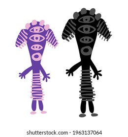 Isolated vector colorful and black and white design illustration set of detailed silhouettes of aliens. The design is perfect for wallpaper, wrapping paper, packaging, textiles, clothes