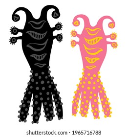 Isolated vector colorful and black and white design illustration set of detailed silhouettes of aliens. The design is perfect for wallpaper, wrapping paper, packaging, textiles, clothes