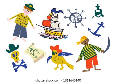 Isolated vector colorful design set of a pirate boys with ship and equipment. Fun children illustration. The design is perfect for games, stickers, posters, illustrations, decorations, invitations. 