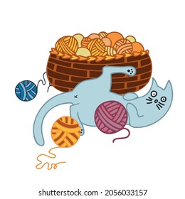 Isolated vector colorful illustration card of cartoon cat playing with ball of threads and a basket. The design is perfect for cards, stickers, posters, coloring, postcards, logos, tattoos