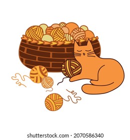 Isolated vector colorful illustration card of cartoon cat sleeping with ball of threads and a basket. The design is perfect for cards, stickers, posters, coloring, postcards, logos, tattoos