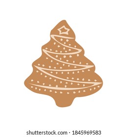 Isolated vector colorful illustration of classical ginger bread cookie of Christmas tree in pastel brown with white ornaments. The design is perfect for stickers, cards, decorations, advertisements