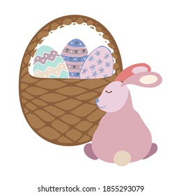 Isolated vector colorful illustration of cute bunny with basket with easter eggs in pastel colors. The design is perfect for packaging, decorations, cards, stickers, badges