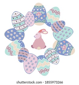 Isolated vector colorful illustration of cute bunny in frame of easter eggs in pastel colors. The design is perfect for packaging, decorations, cards, stickers, badges