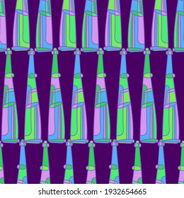 Isolated vector colorful illustration design set of lined beverage bottles in bright neon and purple tones. The design is perfect for textile, backgrounds, wrapping paper, wallpaper