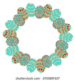 Isolated vector colorful illustration frame of easter eggs in circle and text in pastel green colors. The design is perfect for packaging, decorations, cards, stickers, badges