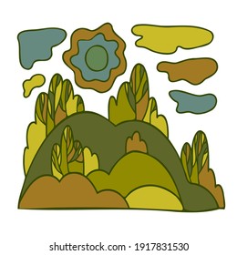 Isolated vector colorful illustration of a landscape of hill with trees and clouds in green tones. The design is perfect for stickers, invitations, stationary, textiles, t-shirts and other