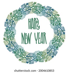 Isolated vector colorful vignette circle of fir branches with happy new year text in green tones. Perfect for textiles, sheets, surfaces, wallpapers, wrapping paper, decorations, backgrounds