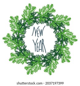 Isolated vector colorful vignette circle of fir branches with happy new year text in green tones. Perfect for textiles, sheets, surfaces, wallpapers, wrapping paper, decorations, backgrounds