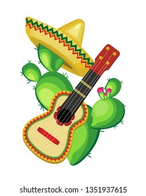 Isolated vector composition. Cactus in a sombrero and with a guitar for the feast of Cinco de Mayo. Transparent background