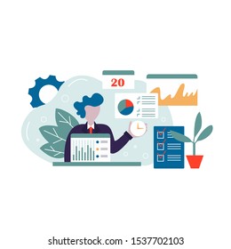 Isolated vector concept of work time management with character, alarm clock, business task planning, schedule checkpoints, planner. Illustration can be used for web banner, infographics, presentations