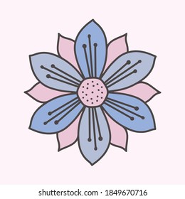 Isolated vector cornflower on a white background. Beautiful blue flower top view. Graceful lilac for printing on various media, dishes, fabrics, papers, postcards. Decolrative design elements in soft