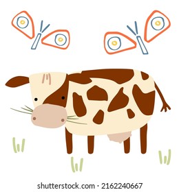 isolated vector cow and flying butterflies in cartoon style for kids cards and prints. cute vector illustration funny animal character.