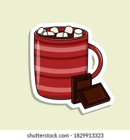 Vector aislado con bebida y malvavisco y barra de chocolate. Taza roja con rayas. Pegatina de dibujos animados coloridos
